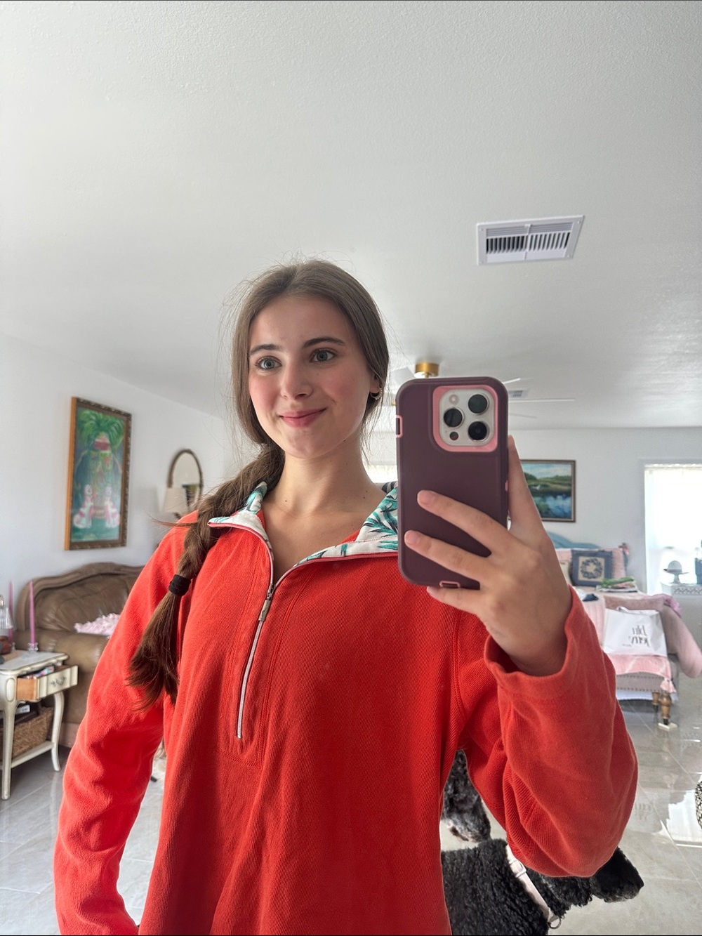 Tommy Bahama Bright Coral Zip-Up with Tropical Print Collar